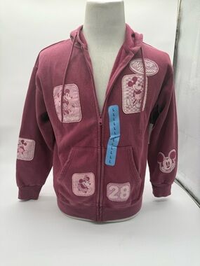 DISNEY Mickey & Minnie Women's Red Multi Patch Full Zip Hoodie Size L NWT